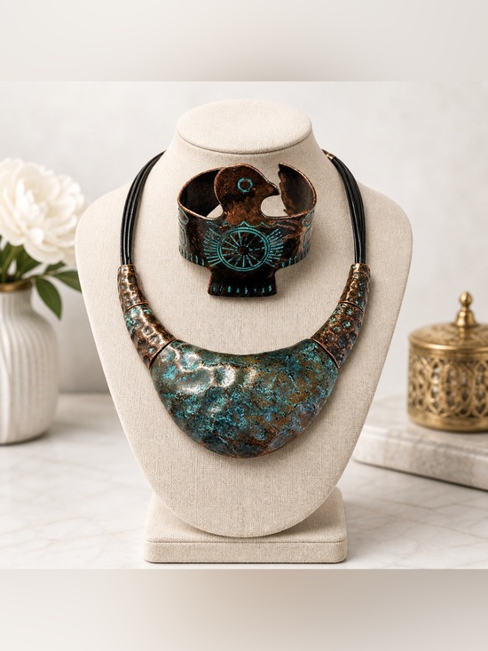 Jewelry - Rustic Turquoise Patina Necklace & Cuff Bracelet Set | Boho Southwestern
